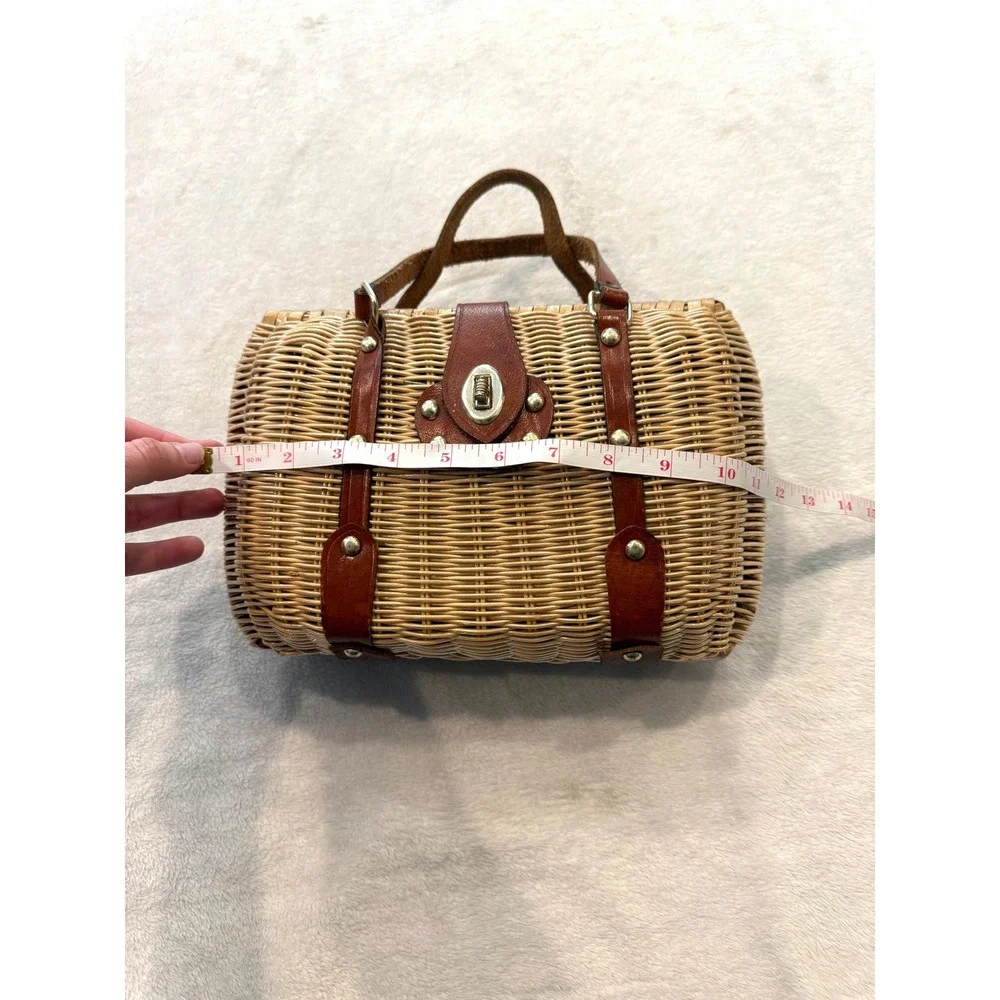 Vintage 1950s British Wicker Basket Handbag Brown Leather Trim Mid-Century Woven